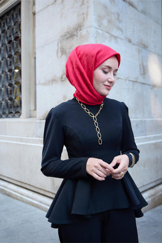 Monogram Pamuk İpek Eşarp Fuşya-Kırmızı Tonlu Desenli Tok Duruşlu 90X90