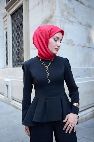 Monogram Pamuk İpek Eşarp Fuşya-Kırmızı Tonlu Desenli Tok Duruşlu 90X90