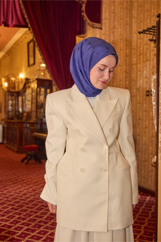 Monogram Pamuk İpek Eşarp Saks Mavi Tonlu Desenli Tok Duruşlu 90X90