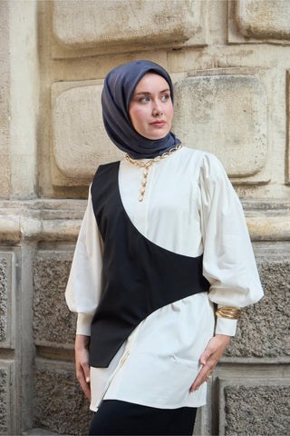 Monogram Pamuk İpek Eşarp Lacivert-Beyaz Desenli Tok Duruşlu 90X90 - Monogram Pamuk İpek Eşarp - | Silk Home