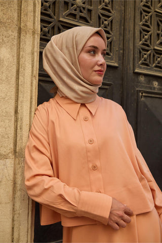 Monogram Pamuk İpek Eşarp Somon Tonlu Desenli Tok Duruşlu 90X90 - Monogram Pamuk İpek Eşarp - | Silk Home