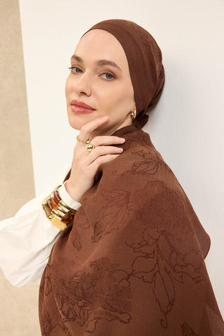 Naia Pamuk Şal Çiçek Desen Çikolata Kahve - Naia Şal - | Silk Home