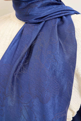 Naia Pamuk Şal Çiçek Desen Saks - Naia Şal - | Silk Home