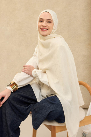Naia Pamuk Şal Maxi Monogram Krem - Naia Şal - | Silk Home