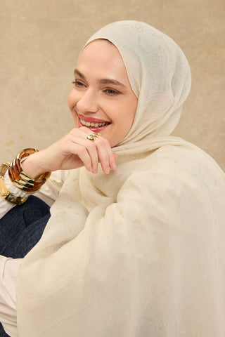 Naia Pamuk Şal Maxi Monogram Krem - Naia Şal - | Silk Home