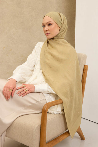 Naia Pamuk Şal Maxi Monogram Yağ Yeşili - Naia Şal - | Silk Home