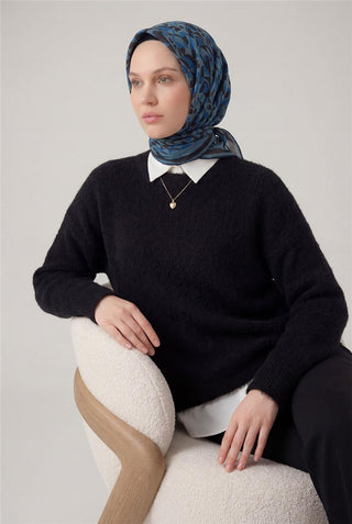 Pamuk Karışımlı Eşarp Bebe Mavi Retro Geometrik Desenli Soft Dokulu Kaymaz 90X90