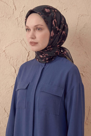 Pamuk Karışımlı Eşarp Çiçekli Desen Antrasit 90x90 - Soft Eşarp - | Silk Home