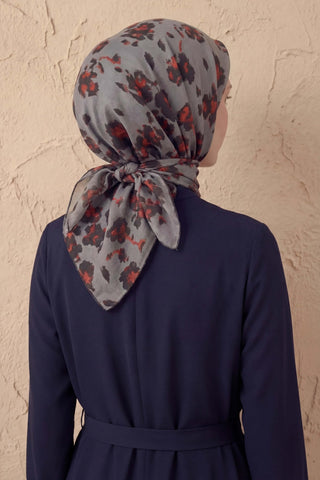 Pamuk Karışımlı Eşarp Çiçekli Desen Gri 90x90 - Soft Eşarp - | Silk Home