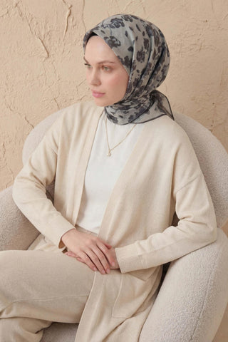 Pamuk Karışımlı Eşarp Çiçekli Desen Gümüş 90x90 | Silk Home - Soft Eşarp - | Silk Home