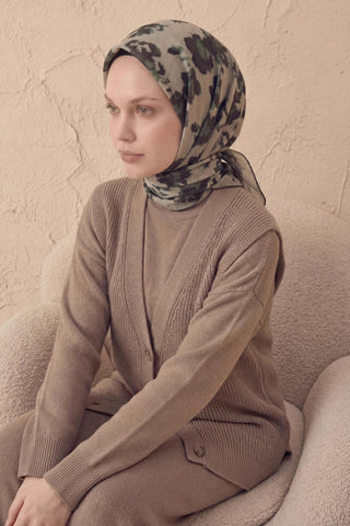 Pamuk Karışımlı Eşarp Çiçekli Desen Krem Yeşil 90x90 - Soft Eşarp - | Silk Home