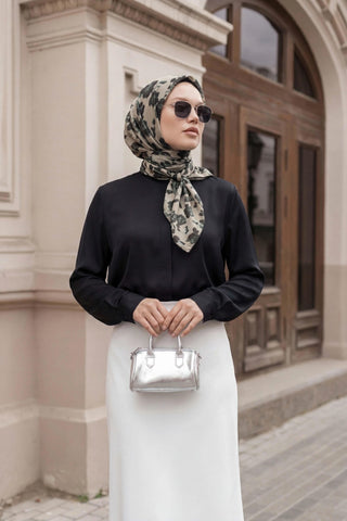 Pamuk Karışımlı Eşarp Çiçekli Desen Krem Yeşil 90x90 - Soft Eşarp - | Silk Home