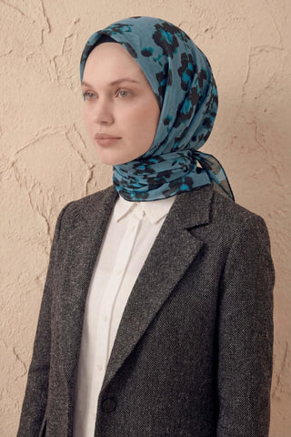 Pamuk Karışımlı Eşarp Çiçekli Desen Petrol Mavi 90x90 - Soft Eşarp - | Silk Home