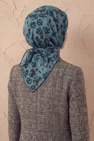 Pamuk Karışımlı Eşarp Çiçekli Desen Petrol Mavi 90x90 - Soft Eşarp - | Silk Home