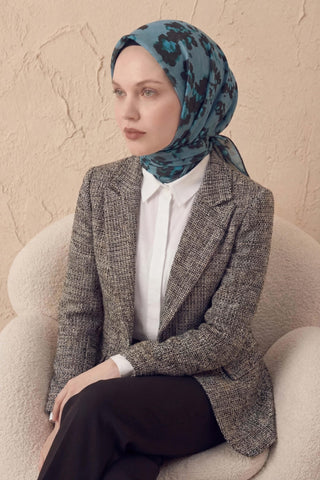 Pamuk Karışımlı Eşarp Çiçekli Desen Petrol Mavi 90x90 - Soft Eşarp - | Silk Home