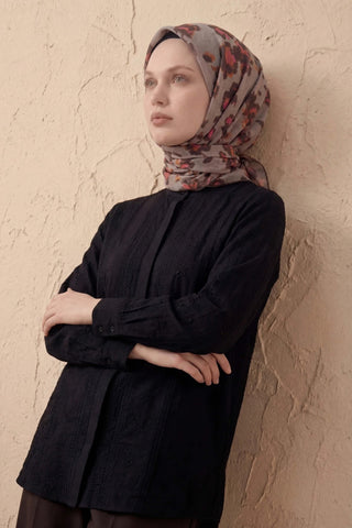 Pamuk Karışımlı Eşarp Çiçekli Desen Sütlü Kahve 90x90 - Soft Eşarp - | Silk Home