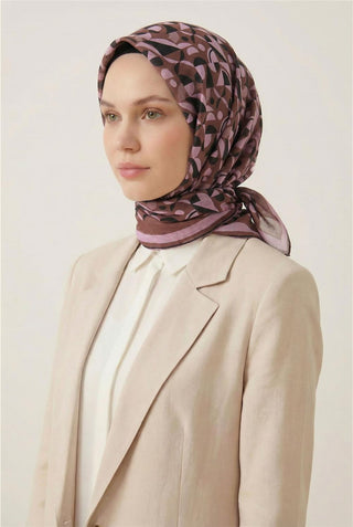Cotton Blend Scarf, Chocolate Brown Retro Geometric Pattern, Soft Texture, Non-Slip, 90x90 cm