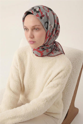 Cotton Blend Scarf, Grey, Abstract Geometric Pattern, Soft Texture, Non-Slip, 90x90 cm.
