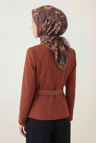 Cotton Blend Scarf, Brown, Abstract Geometric Pattern, Soft Texture, Non-Slip, 90x90 cm.