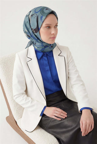 Cotton Blend Scarf, Nile Green, Abstract Geometric Pattern, Soft Texture, Non-Slip, 90x90 cm.