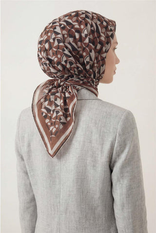 Cotton Blend Scarf, Tan, Retro Geometric Pattern, Soft Texture, Non-Slip, 90x90 cm.