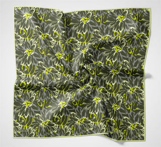 Pamuk Polyester Eşarp Yeşil-Fosfor Sarı Gri Krem Botanik Desenli Soft Dokulu
                Tok Duruşlu 90X90