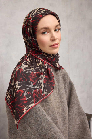 Pamuk Polyester Eşarp Siyah-Kırmızı Bej Vizon Botanik Desenli Soft Dokulu Tok
                Duruşlu 90X90