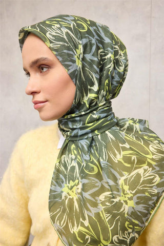 Pamuk Polyester Eşarp Yeşil-Fosfor Sarı Gri Krem Botanik Desenli Soft Dokulu
                Tok Duruşlu 90X90