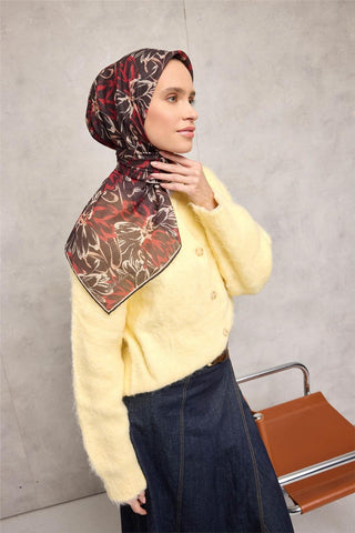 Pamuk Polyester Eşarp Siyah-Bordo Bej Kavuniçi Botanik Desenli Soft Dokulu Tok
                Duruşlu 90X90