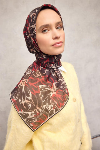 Pamuk Polyester Eşarp Siyah-Bordo Bej Kavuniçi Botanik Desenli Soft Dokulu Tok
                Duruşlu 90X90