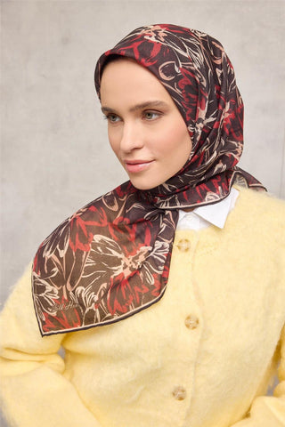 Pamuk Polyester Eşarp Siyah-Bordo Bej Kavuniçi Botanik Desenli Soft Dokulu Tok
                Duruşlu 90X90