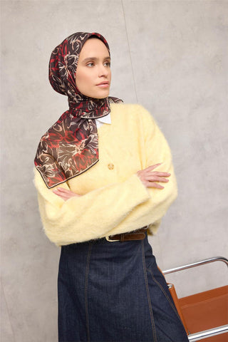 Pamuk Polyester Eşarp Siyah-Bordo Bej Kavuniçi Botanik Desenli Soft Dokulu Tok
                Duruşlu 90X90