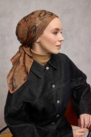 Pamuk Polyester Soft Eşarp Olive Botanik Desenli Tok Duruşlu 90X90