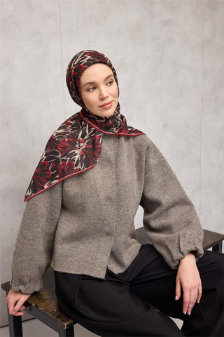 Pamuk Polyester Eşarp Siyah-Kırmızı Bej Vizon Botanik Desenli Soft Dokulu Tok
                Duruşlu 90X90