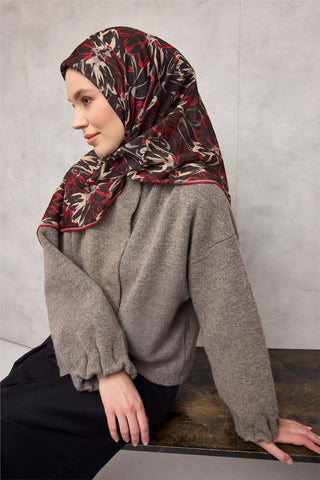 Pamuk Polyester Eşarp Siyah-Kırmızı Bej Vizon Botanik Desenli Soft Dokulu Tok
                Duruşlu 90X90