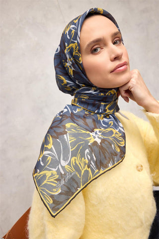 Pamuk Polyester Eşarp Petrol Mavisi Botanik Desenli Soft Dokulu Kaymaz 90X90