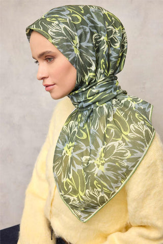 Pamuk Polyester Eşarp Yeşil-Fosfor Sarı Gri Krem Botanik Desenli Soft Dokulu
                Tok Duruşlu 90X90