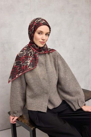 Pamuk Polyester Eşarp Siyah-Kırmızı Bej Vizon Botanik Desenli Soft Dokulu Tok
                Duruşlu 90X90
