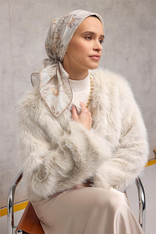 Pamuk Polyester Soft Eşarp Bej Botanik Desenli Tok Duruşlu 90X90 - Soft Eşarp - | Silk Home