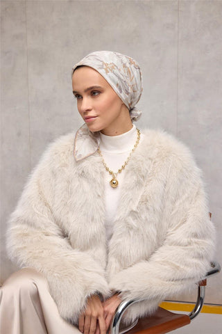 Pamuk Polyester Soft Eşarp Bej Botanik Desenli Tok Duruşlu 90X90 - Soft Eşarp - | Silk Home