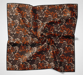 Pamuk Polyester Eşarp Kahverengi-Turuncu Bej Siyah Botanik Desenli Soft Dokulu
                Tok Duruşlu 90X90