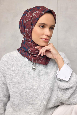 Pamuk Polyester Eşarp Kiremit-Bordo Taş Lacivert Siyah Botanik Desenli Soft
                Dokulu Tok Duruşlu 90X90