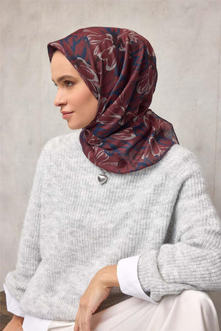 Pamuk Polyester Eşarp Kiremit-Bordo Taş Lacivert Siyah Botanik Desenli Soft
                Dokulu Tok Duruşlu 90X90