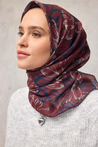 Pamuk Polyester Eşarp Kiremit-Bordo Taş Lacivert Siyah Botanik Desenli Soft
                Dokulu Tok Duruşlu 90X90