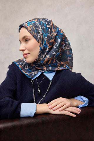 Pamuk Polyester Eşarp Koyu Lacivert-Mavi Krem Turuncu Botanik Desenli Soft Dokulu Tok Duruşlu 90X90 - Soft Eşarp - | Silk Home