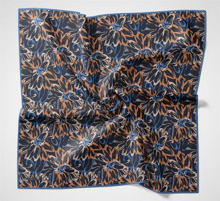 Pamuk Polyester Eşarp Koyu Lacivert-Mavi Krem Turuncu Botanik Desenli Soft Dokulu Tok Duruşlu 90X90 - Soft Eşarp - | Silk Home