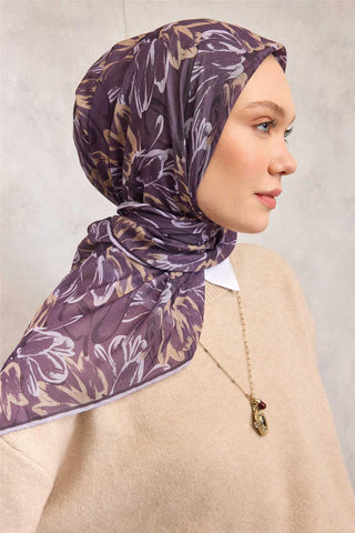 Pamuk Polyester Eşarp Mor-Lila Gold Botanik Desenli Soft Dokulu Tok Duruşlu
                90X90