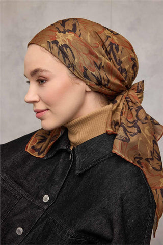 Pamuk Polyester Soft Eşarp Olive Botanik Desenli Tok Duruşlu 90X90 - Soft Eşarp - | Silk Home