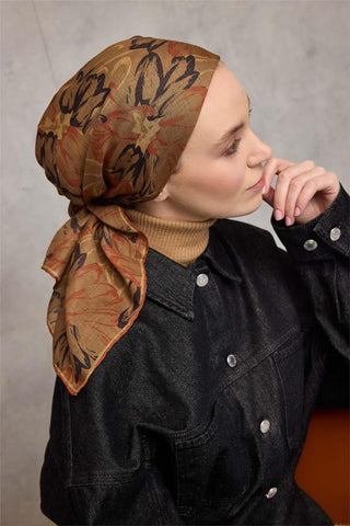 Pamuk Polyester Soft Eşarp Olive Botanik Desenli Tok Duruşlu 90X90 - Soft Eşarp - | Silk Home
