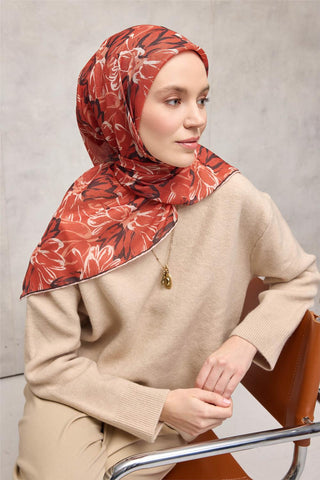 Pamuk Polyester Eşarp Turuncu-Siyah Yavruağzı Ekru Botanik Desenli Soft Dokulu
                Tok Duruşlu 90X90